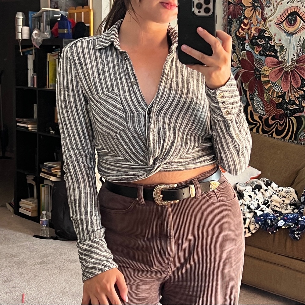 Free People Long Sleeve Striped Button Down Crop Top Navy White